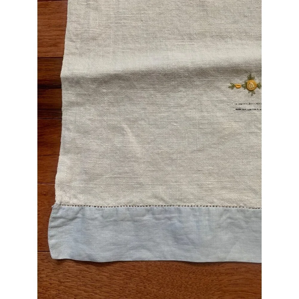 Vintage Hand Embroidered Linen Towel Yellow Rose Trim 16